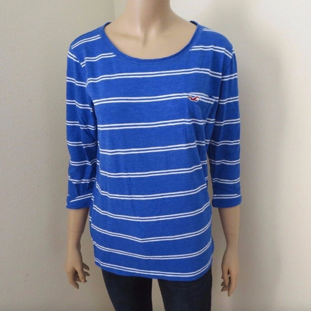 NEW Hollister Womens Size Medium Top Shirt Striped Blue & White 3/4 Sleeves